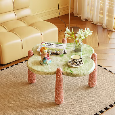Green Marble Top Coffee Table with Pink Column Legs Vase White Flowers and Magazine 3d model