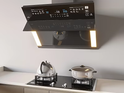 Modern Kitchen Range Hood With Digital Display And LED Lights Over Gas Stove 3d model