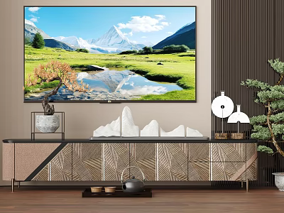 Modern TV Stand With Large Screen TV Mountain Landscape Decorative Ornaments Lamps And Green Plants 3d model