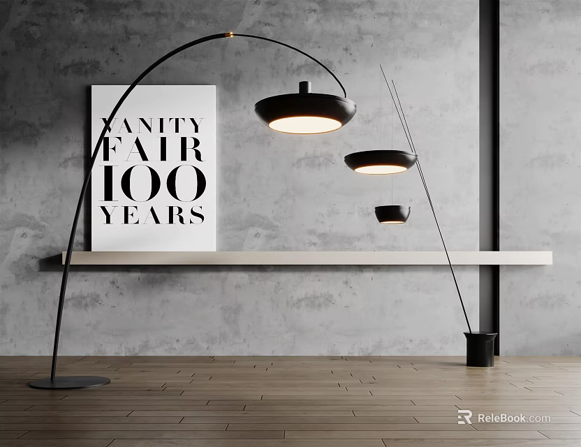 Modern Black Arched Floor Lamp In Room With Gray Wall And Wooden Floor 3d model 