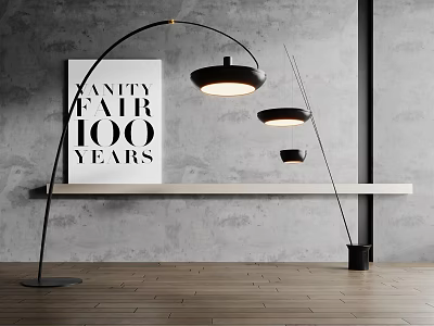Modern Black Arched Floor Lamp In Room With Gray Wall And Wooden Floor 3d model