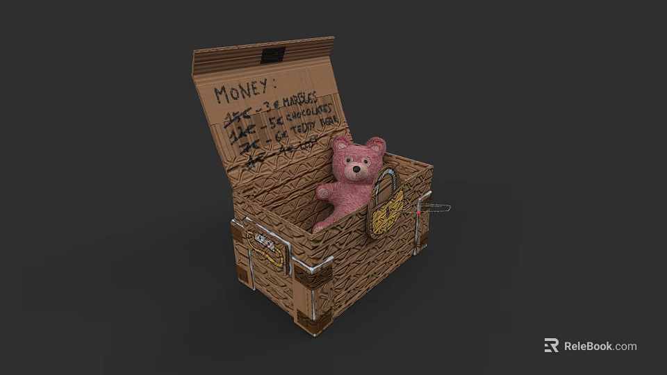 Pink Teddy Bear Doll Trapped Inside Open Wooden Box With Handwritten Note 3d model 