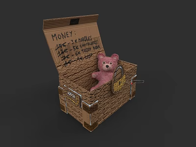 Pink Teddy Bear Doll Trapped Inside Open Wooden Box With Handwritten Note 3d model