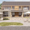 Modern Wooden House Exterior With Outdoor Lounge White Umbrellas And Red Leaf Trees