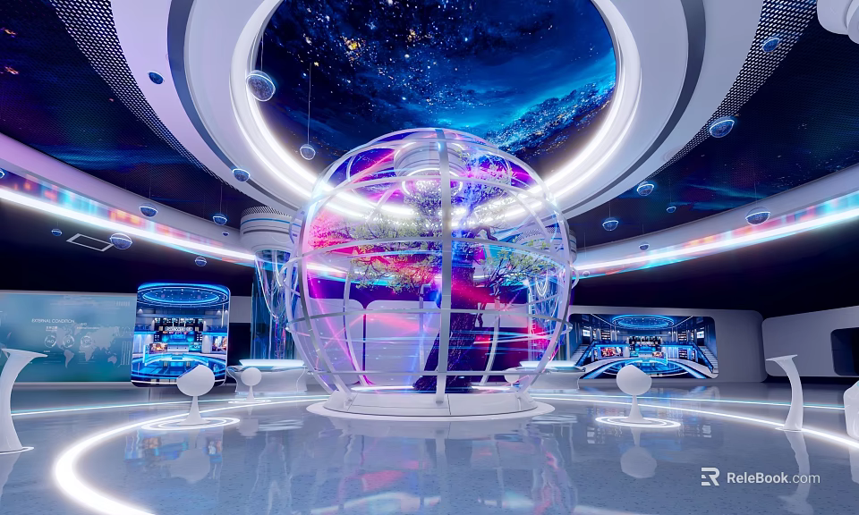 Starry Sky Exhibition Hall With Circular Ceiling Transparent Spherical Structure Colorful Lighting And Reflective Floor 3d model 