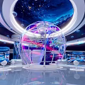 Starry Sky Exhibition Hall With Circular Ceiling Transparent Spherical Structure Colorful Lighting And Reflective Floor
