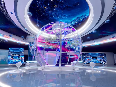 Starry Sky Exhibition Hall With Circular Ceiling Transparent Spherical Structure Colorful Lighting And Reflective Floor 3d model