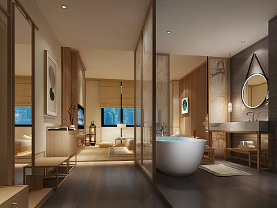 Elegant Hotel Bathroom Interior With Freestanding Bathtub Wooden Vanity And Ambient Lighting 3d model
