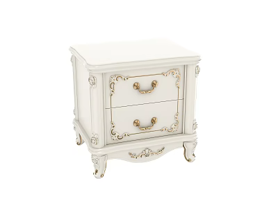 White Carved Bedside Table With Two Drawers And Gold Handles 3d model