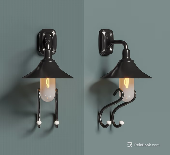 Black Modern Wall Lamp With Conical Shade Curved Hooks And Illuminated Bulb On Gray Wall 3d model 