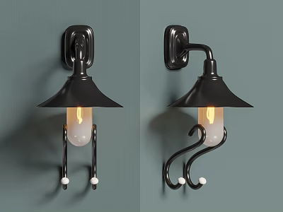 Black Modern Wall Lamp With Conical Shade Curved Hooks And Illuminated Bulb On Gray Wall 3d model