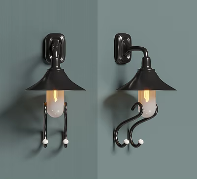 Black Modern Wall Lamp With Conical Shade Curved Hooks And Illuminated Bulb On Gray Wall 3d model