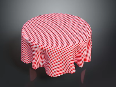 Elegant Round Table Covered With Red Checkered Tablecloth For Dining Decor 3d model