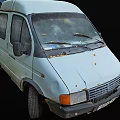 Old White Van With Blue Tarp Covered Cargo Bed And Worn Tires