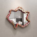 Irregular Shaped Mirror With Colorful Striped Frame Reflecting Bedroom Bed Copper Decor On Gray Wall