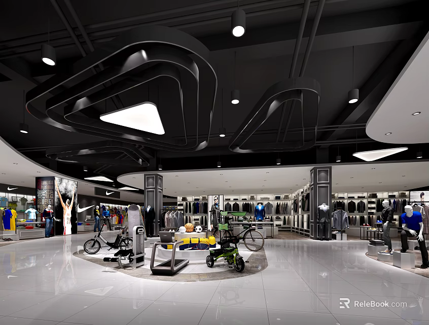 Modern Shopping Mall Hall With Sportswear Bicycles Fitness Equipment And Modern Ceiling Design 3d model 