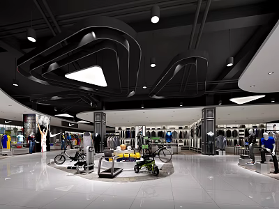 Modern Shopping Mall Hall With Sportswear Bicycles Fitness Equipment And Modern Ceiling Design 3d model