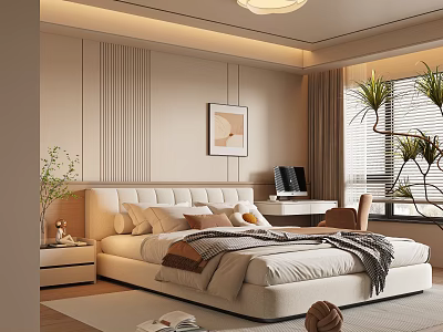 Cozy Modern Bedroom Interior Design Featuring Large Bed Nightstand Desk Laptop And Potted Plant 3d model