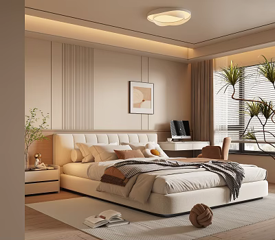 Cozy Modern Bedroom Interior Design Featuring Large Bed Nightstand Desk Laptop And Potted Plant 3d model