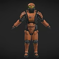 Detailed Futuristic Armored Character With Orange Exoskeleton And Green Glowing Eyes 3d model