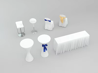 White Tables and Chairs Set With Round Rectangular Designs And Blue Yellow Decorative Bows 3d model