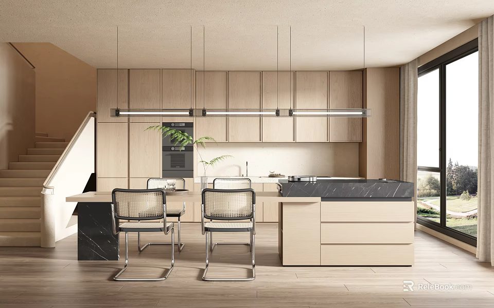 Modern Restaurant Interior Design With Open Concept Kitchen And Dining Area 3d model