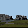 Modern Townhouse Exterior Design With Row Of Townhouses Lawn Shrubs White Facade Dark Roofs