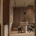 Modern Warm Wood Toned Living And Dining Room With Cozy Furnishings And Soft Ambient Lighting