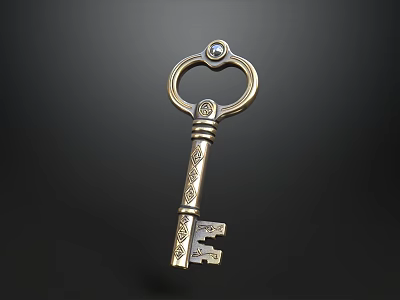 Antique Brass Key With Decorative Patterns Circular Ring And Gemstone On Dark Background 3d model