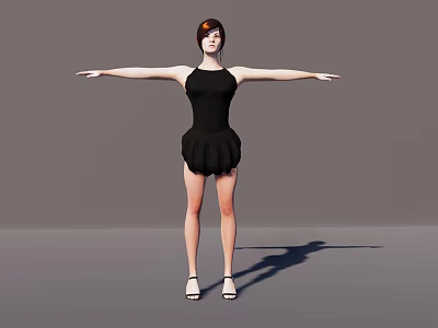 A Woman Standing With Arms Outstretched In Black Dress On Gray Background Wearing Sandals 3d model