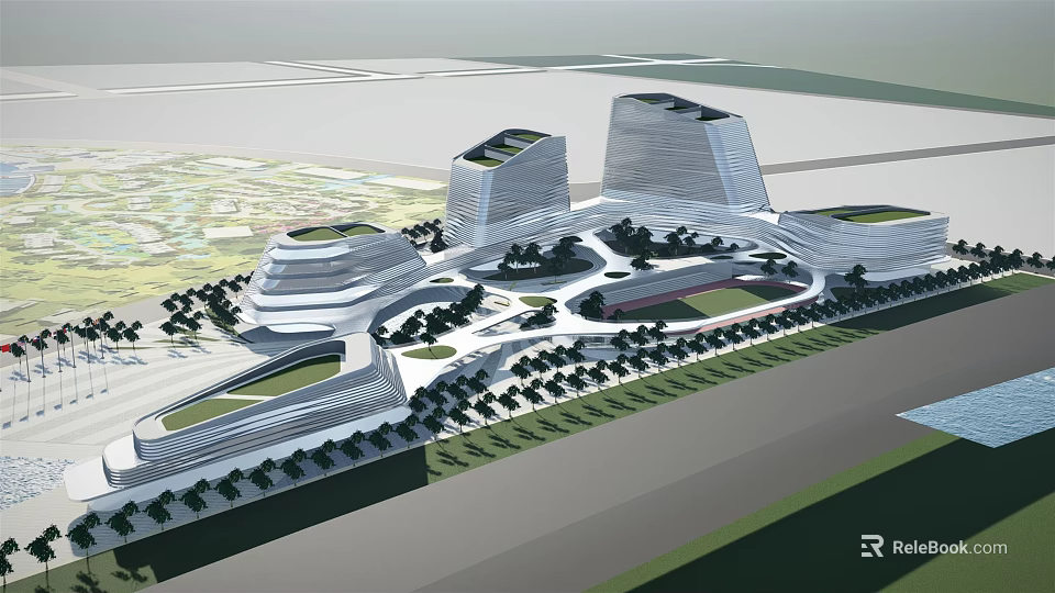 Modern Office Building Complex With Sleek Towers Landscaped Plaza And Greenery 3d model 