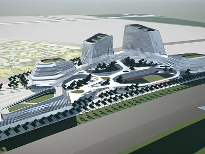 Modern Office Building Complex With Sleek Towers Landscaped Plaza And Greenery 3d model