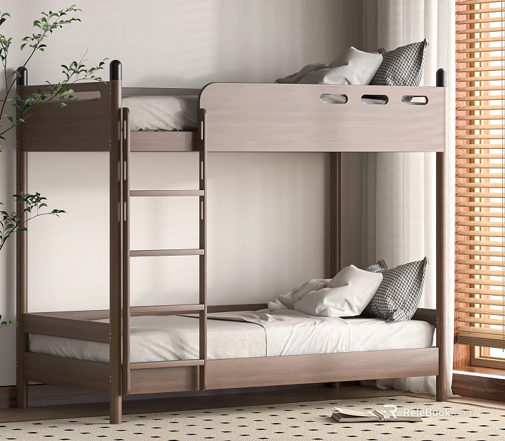 Modern Wooden Bunk Bed With Ladder Comfortable Pillows And Bedroom Window 3d model 