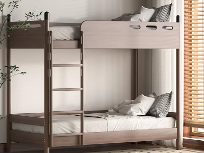 Modern Wooden Bunk Bed With Ladder Comfortable Pillows And Bedroom Window 3d model