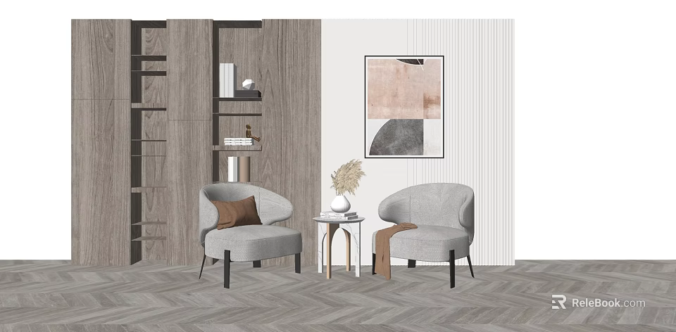 Comfortable Gray Casual Sofa Set With Side Table Vase Plant And Herringbone Floor 3d model