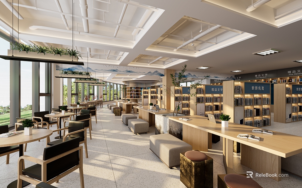 Modern Book Art Library Interior With Shelves Seating And Greenery 3d model 