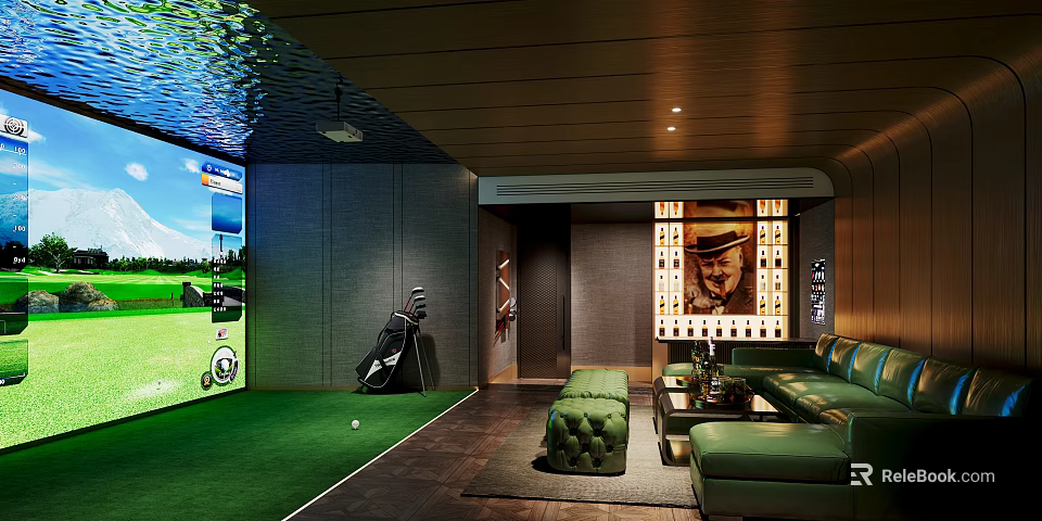 Indoor Golf Fitness Training Space With Green Putting Mat Golf Bag And Comfortable Seating Area 3d model 