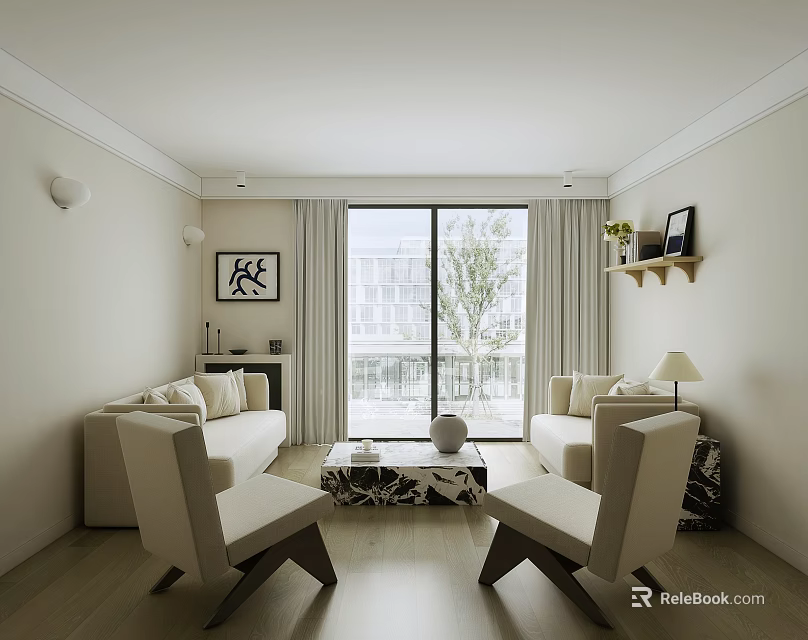 Modern Living Room Interior With White Sofas Two Chairs And Marble Coffee Table 3d model