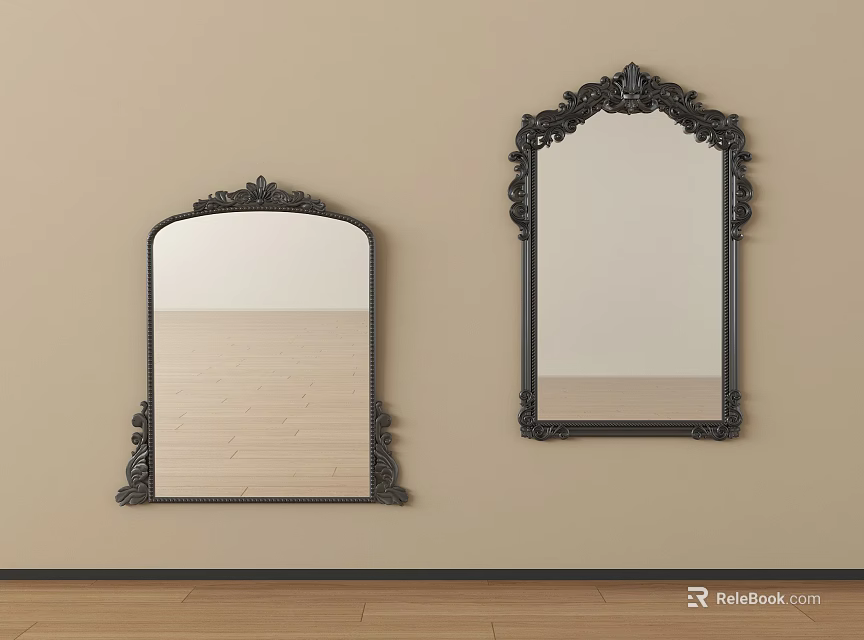 Black Carved Frame Mirrors Arched And Rectangular Designs On Beige Wall With Wooden Floor 3d model 