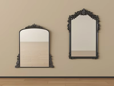 Black Carved Frame Mirrors Arched And Rectangular Designs On Beige Wall With Wooden Floor 3d model