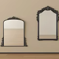 Black Carved Frame Mirrors Arched And Rectangular Designs On Beige Wall With Wooden Floor