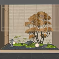 Japanese Style Garden Ornament with Bamboo Screen Orange Leaved Tree Moss Stones and Round Light
