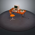 Wooden Office Desk With Orange Chair And Computer Keyboard Mouse Laptop