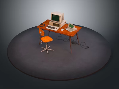 Wooden Office Desk With Orange Chair And Computer Keyboard Mouse Laptop 3d model