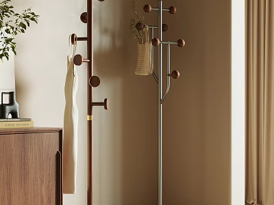 Modern Coat Rack With Wooden Hooks Metal Frame And Decorative Plant In Living Room 3d model