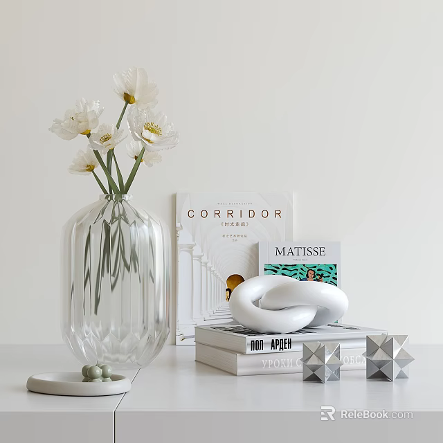 Modern Decorative Ornament Set with Glass Vase White Flowers Books and Abstract Sculpture 3d model 