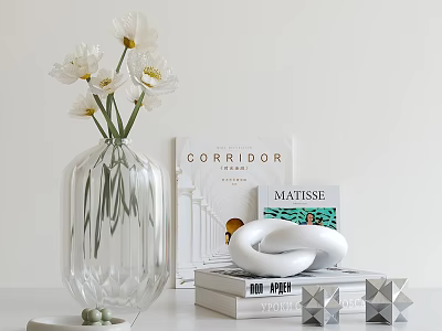 Modern Decorative Ornament Set with Glass Vase White Flowers Books and Abstract Sculpture 3d model