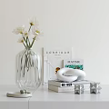 Modern Decorative Ornament Set with Glass Vase White Flowers Books and Abstract Sculpture