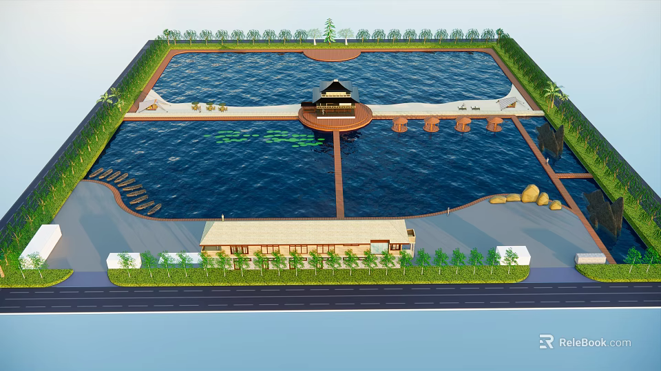 Twin Scenic Ponds With Central Pavilion Stone Pathways Lily Pads And Lush Greenery 3d model 