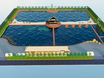 Twin Scenic Ponds With Central Pavilion Stone Pathways Lily Pads And Lush Greenery 3d model